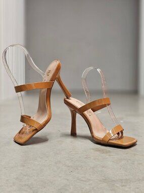 Strap Stiletto Heels With Square Toe & Tan Patent Faux Leather Accents For Women